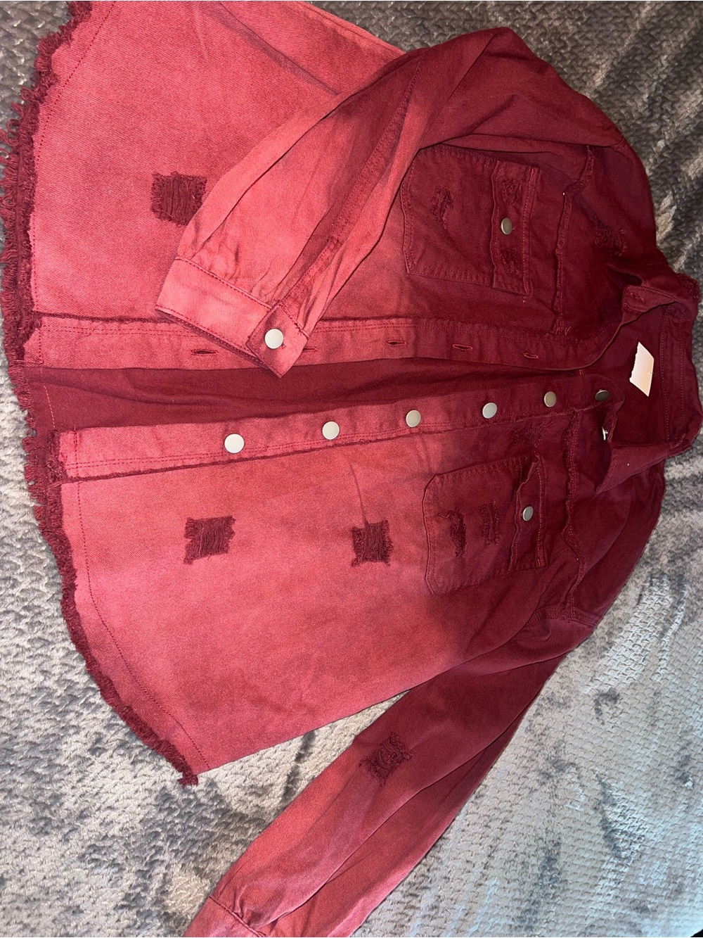 Women's Distressed Button-Front Maroon Denim Jacket